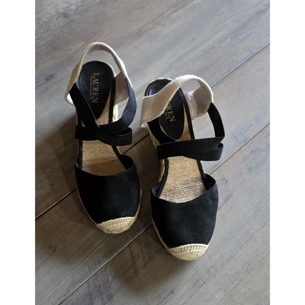 Lauren Ralph Lauren Jute & Black Casandra Wedge Espadrille Sandals Women Size 8B